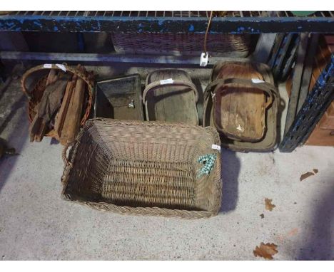 Collection of vintage wooden garden trugs along with wicker baskets