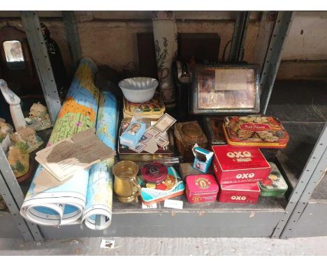 Collection of vintage tins along with Ordnance Survey maps and other items