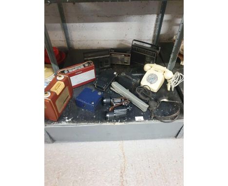 Vintage telephone, radio, binoculars and other items