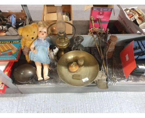 Vintage miners lamp, fireside tools, brass bowl etc