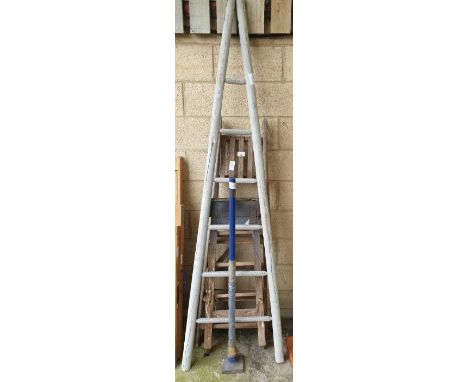 Set of French fruit picking ladders, along with 2 wooden step ladders and a post knocker