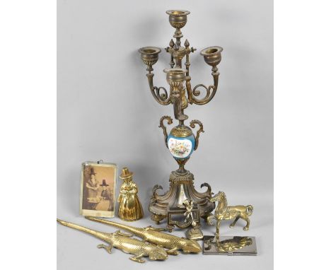 A French Ceramic and Brass Candelabra Garniture together with Items of Brass etc 