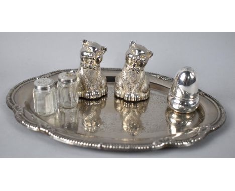 A Pair of Silver Plated Novelty Salt and Pepper Pots in the Form of Kittens with Bow Ties, Acorn Salts and Pair of Miniature 