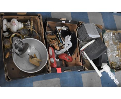 Three Boxes of Various Sundries to comprise Vintage Bonnets, Philips Speaker System, Wooden Ornaments Etc 