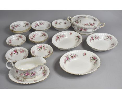 A Collection of Royal Albert Lavender Rose Dinnerwares to include Lidded Tureen Sauce Boat on Stand, Bowls Etc 