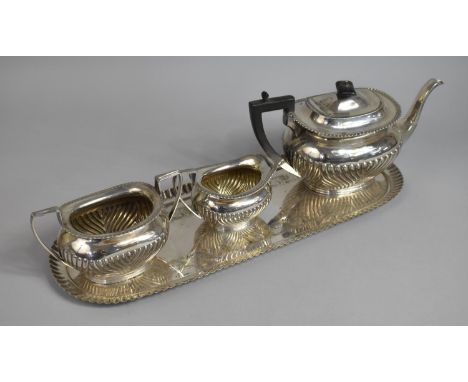 An Edwardian Three Pieces Silver Plated Tea Service on Oval Tray with Engraved Decoration and Pie Crust Edge, 51cms Wide 