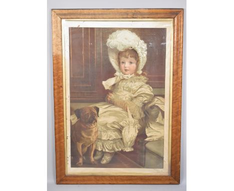 A Large Late Victorian print of a Girl with a Puppy, 60cms by 90cms 