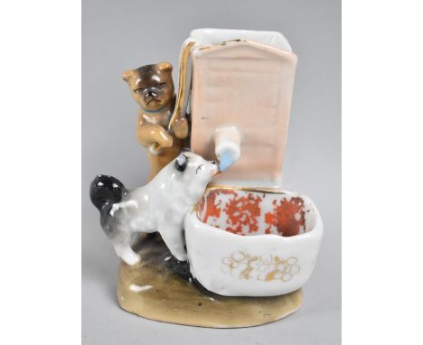 A Continental Novelty Glazed Ceramic Match Holder, in the Form of Dogs at Well, Rear Striking Pad, Ears AF, 10cms High 