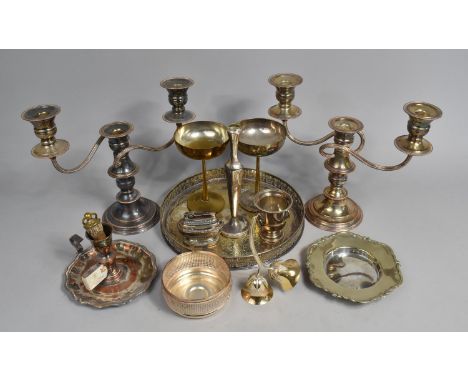 A Collection of Various Silver Plated Items to include Three Branch Candelabra, Galleried Circular Tray, Goblets Etc 