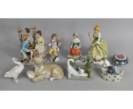 A Collection of Various Continental Ceramic Ornaments to comprise Nao Dog, Donkey, Lladro Duck and Cat Etc 