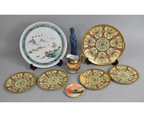 A Collection of Oriental Items to Comprise Chinese Porcelain Famille Rose Circular Tray Decorated with Floral Band on Blue Gr