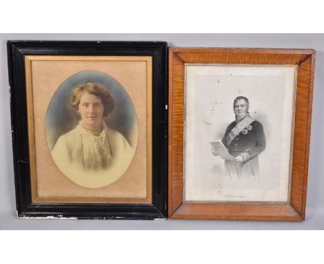 A Framed Lithograph of Sir Williams Wynn together with an Ebonized Framed Coloured Photograph of a Young Maiden, 60x49cms 