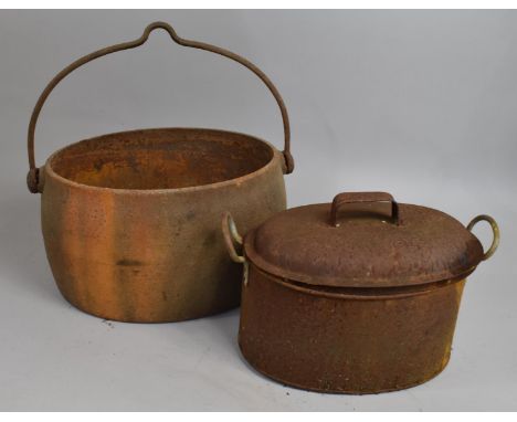 A Vintage Metal Soup Pot and a Twin Handled Cooking Pan, 28cms Wide 