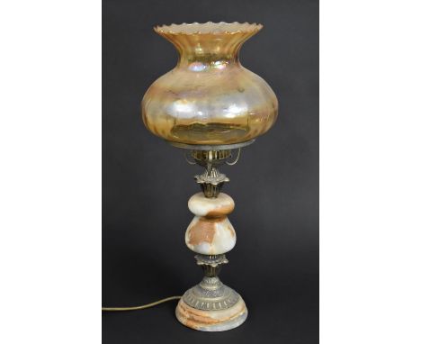A Mid 20th Century Onyx and Brass Table Lamp with Amber Glass Shade 