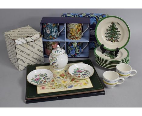 A Collection of Various Ceramics to comprise Set of Eight Spode Christmas Tree Small Plates, Portmeirion Coffee Set, Aynsley 