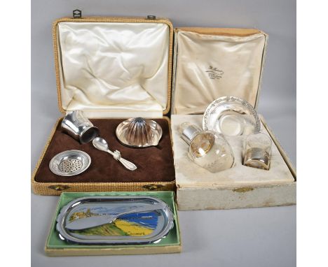 A French Silver Plate Mounted Glass Decanter, Saucer and Tot Glass Set, Case AF, together with a Cased Juicing Set and a Krom