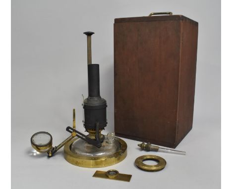 A Late Victorian Microscope Lamp by R and J Beck, London with Lacquered Brass Ring Base, Signed, Burner Assembly with Chimney