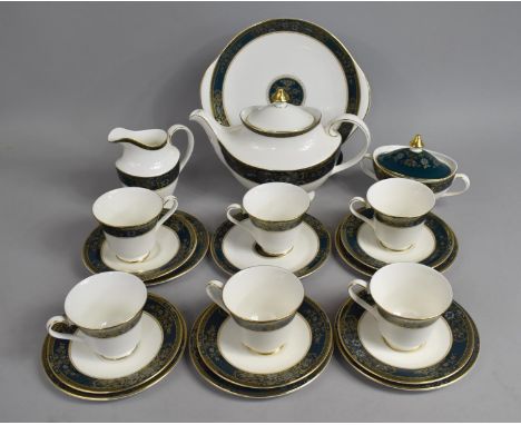 A Royal Doulton Carlyle Pattern Tea Set to comprise Teapot, Six Cups, Lidded Sugar, Milk Jug, Saucers, Side Plates and a Cake