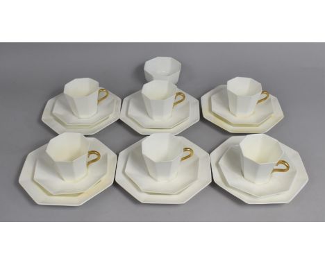 A Wedgwood White and Gilt Coffee Set to comprise Six Cups, Saucers, Side Plates and a Sugar Bowl, All of Octagonal Form 