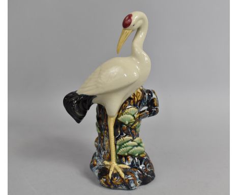 A Chinese Glazed Ceramic Spill Vase in the Form of Red Crown Crane Beside Tree Trunk, 25cm high 