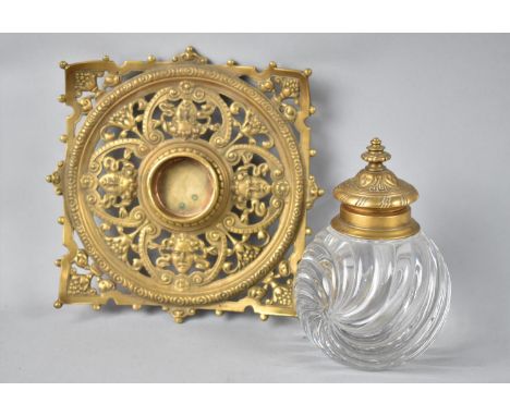 A French Heavy Glass Desk Top Inkwell with Ormolu Hinged Lid, Swirled Decoration to Body, together with a French Gilt Brass D