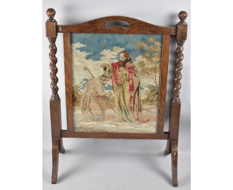 A Late 19th /Early 20th Century Oak Barley Twist Framed Fire Screen with Tapestry Religious Centre, 50cms Wide 