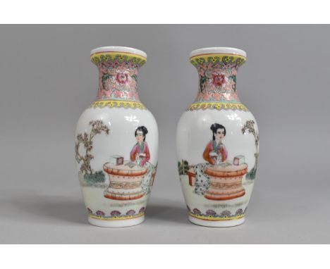 A Pair of Chinese Porcelain Famille Rose Calligraphy Vases Decorated with Maiden in Garden, Red Seal Mark to Base, 17cm high 