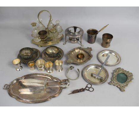 A Collection of Various Metalwares to include Plated Photo Frame, Burners, Cups and Saucers of Lobed Reeded Form Etc 