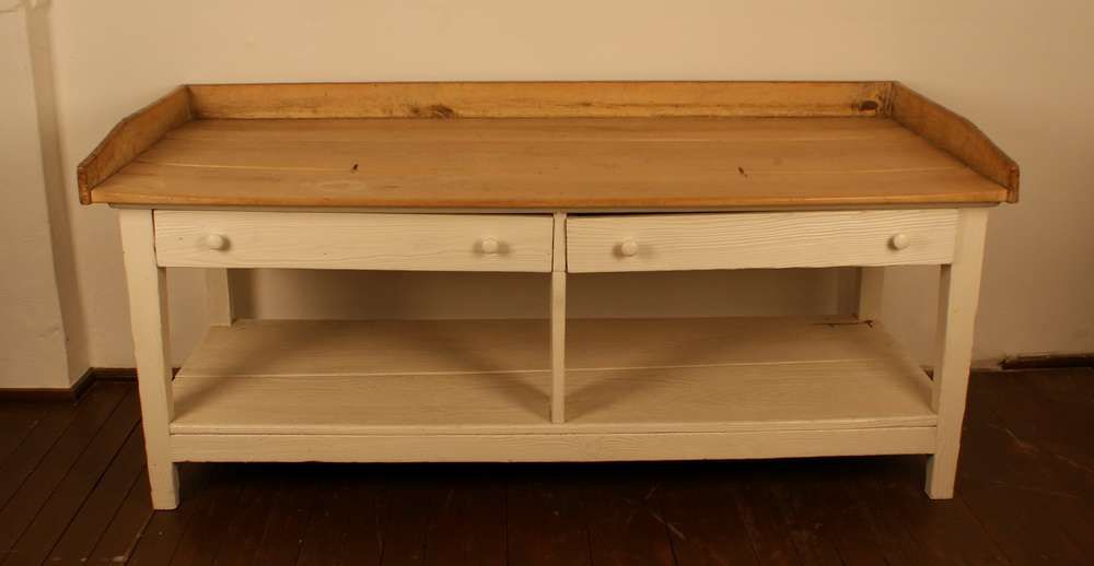 BÄCKERTISCH bemalter Tisch mit zwei Schüben und grosser Ablagefläche im