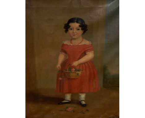 19thC British School.  Portrait of a young girl holding a basket of roses, oil on canvas, 73cm x 60.5cm