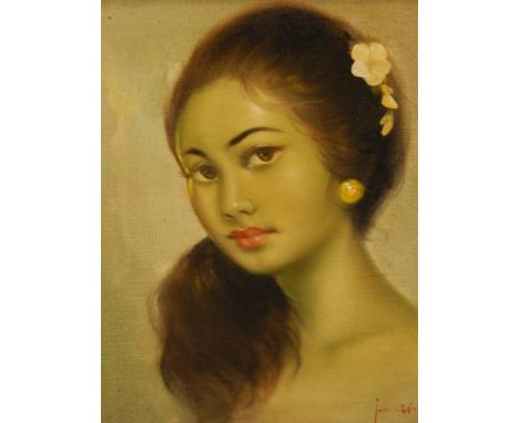 20th Century School.  Head and shoulders portrait of a young woman, oil on board, indistinctly signed, 50cm x 39cm, and two o
