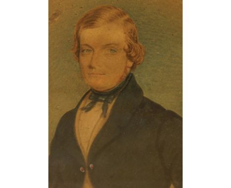 19thC British School.  Half length portrait of a gentleman, watercolour, 12.5cm x 9cm