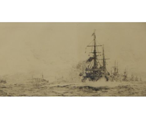 William Lionel Wyllie (1851-1931).  Battleships at sea, artist signed etching, 13cm x 24cm  Provenance: Butterfields, Thoresb