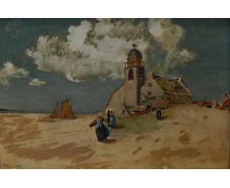 Katwyk(?) (19thC).  Dutch coastal scene, oil on ceramic tile, signed, 10.5cm x 16.5cm  Provenance: Butterfields, Thoresby Par