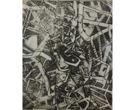 Stuart Asher (20thC).  Abstract, artist signed etching, 32cm x 26cm, and four other works by the same artist.