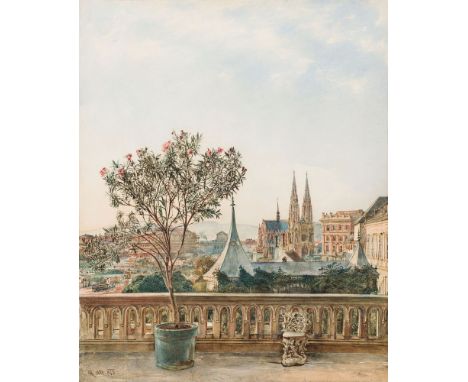 Rudolf von AltBlick vom Basteipavillion vor dem Stadtpalais Liechtenstein auf die Votivkirche in Wien1873Aquarell auf Papier5