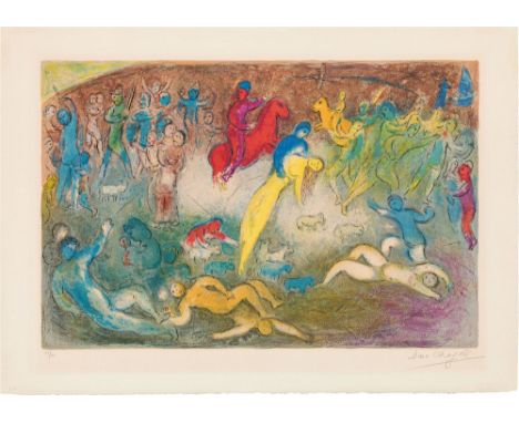 Marc ChagallChloe wird entführt (aus dem Zyklus Daphne &amp; Chloe)1961Farblithografie auf Vélin d'Arches42 x 64 cm (Darstell