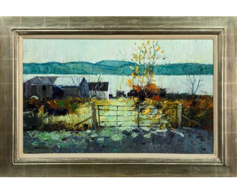 THE BAY, STRACHUR, LOCH FYNEoil on canvas, signed, titled labels versoframedimage size 46cm x 76cm, overall size 63cm x 94cm 