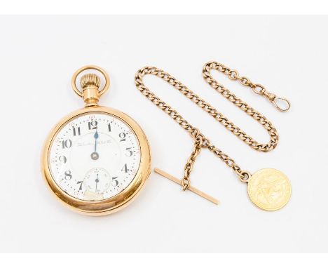 A 9ct gold case Hamilton Watch Co open faced pocket watch, round white enamel dial, approx. 45mm, with black number markers, 