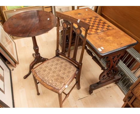 An 18th Century tripod tilt top table along with a 19th Century games table and an early 20th Century art nouveau chair