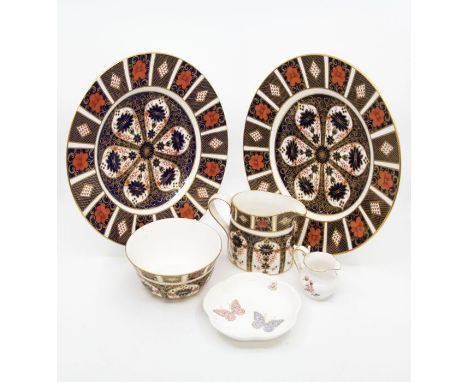 Two Royal Crown Derby 1128 pattern dinner plates, first quality, 1128 cream and sugar bowl, pin dish, small Posie pattern jug