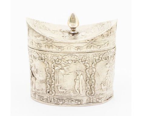 A late 19th Century German 930 standard silver tea caddy, oval the body chased with figures within panels, the cover with sim