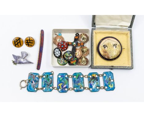 A collection of vintage costume jewellery to include an early 20th Century Japanese Satsuma silver brooch, round form with pa