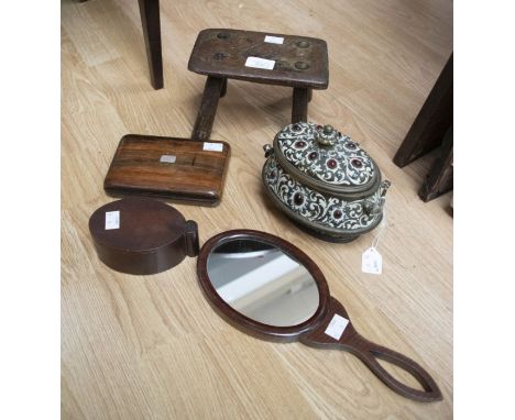 A miniature oak stool, approx 13cm high; a rosewood cigar box and three King Edward cigars; an oak oval trinket box with rota