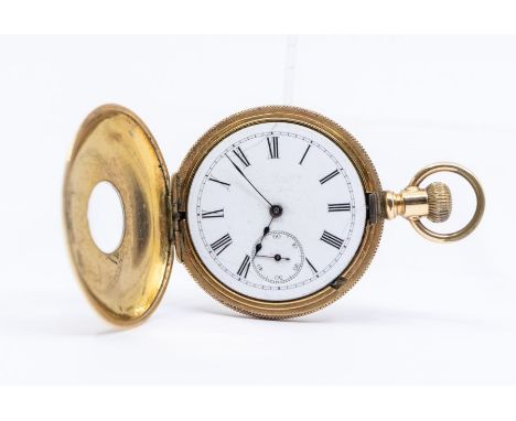 A 14ct gold half hunter pocket watch, white enamel dial with subsidiary dial, approx. 34mm, the case with blued enamel numera