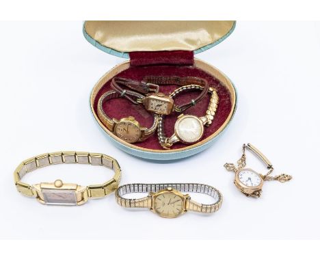 A collection of jewellery and watches to include two vintage ladies 9ct gold dress watches, one with round enamel dial one on