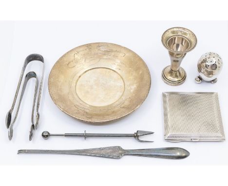 A collection of silver to include: Russian 84 standard silver saucer, stamped maker's mark RC, 2.62 ozt; Sterling silver comp