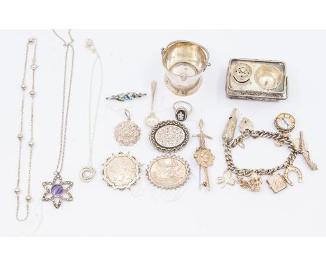 A collection of silver to include late 19th early 20th century brooches, enamel butterfly brooch, along with a Scottish sward