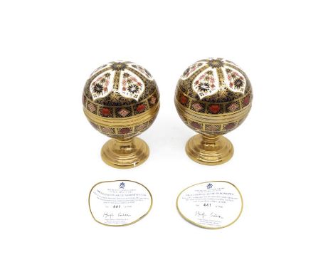 A boxed pair of Royal Crown Derby 1128 Imari pattern barometer globes, with certificates