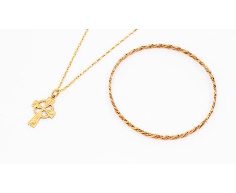 A 9ct rose gold bangle comprising rope twist decoration, internal diameter approx. 65mm, along with a Celtic cross and chain,